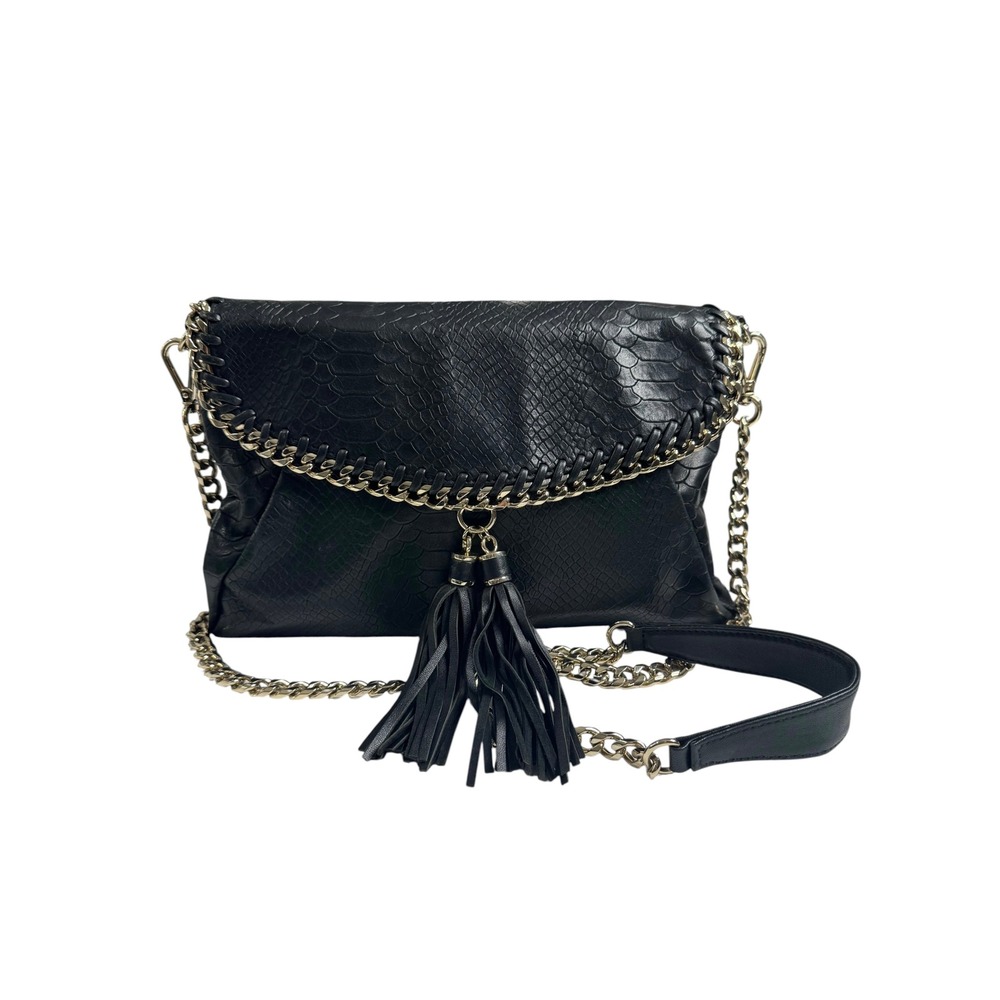 Marciano Genuine Leather Black Snakeskin Crossbody Bag Gold Chain Tassel Clutch
